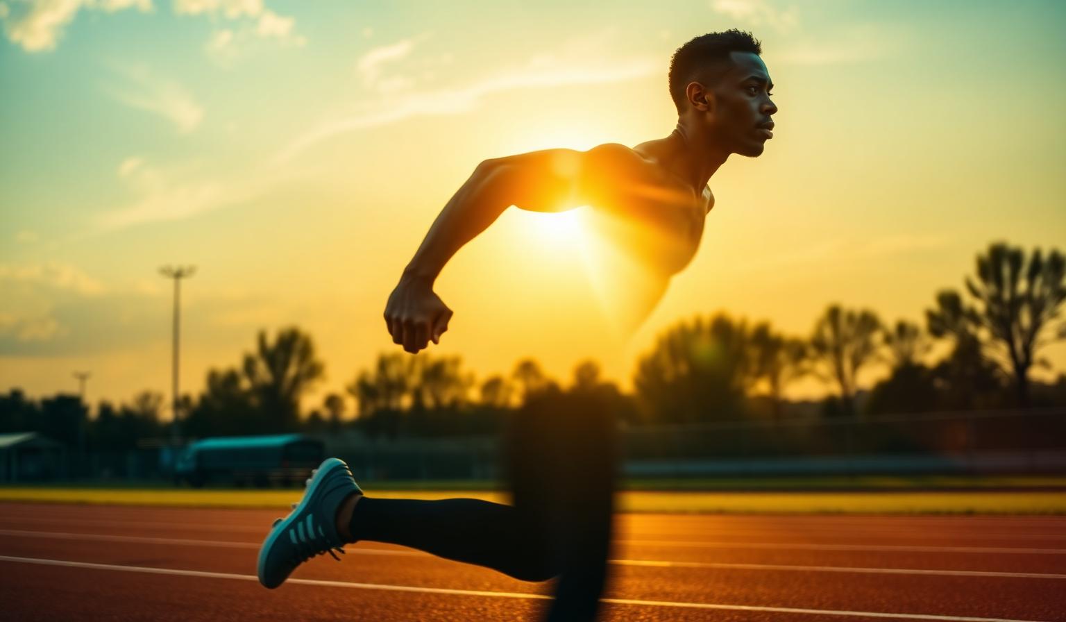 Athlete sprinting at sunset